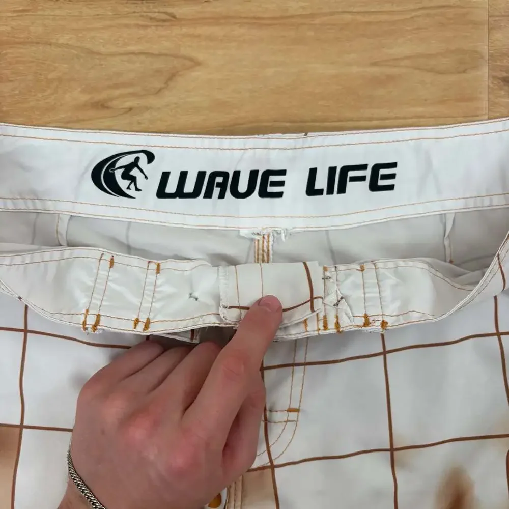Wave Life Men Fly-Dry Brown White Check Floral Boardshorts Swim Trunks